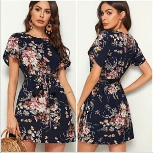 SHEIN Floral Print Petal Sleeve Dress, Size S